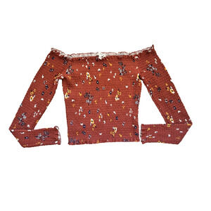 Women's Self Esteem Size Medium Off the Shoulder Burgundy Floral Long Sleeve Top